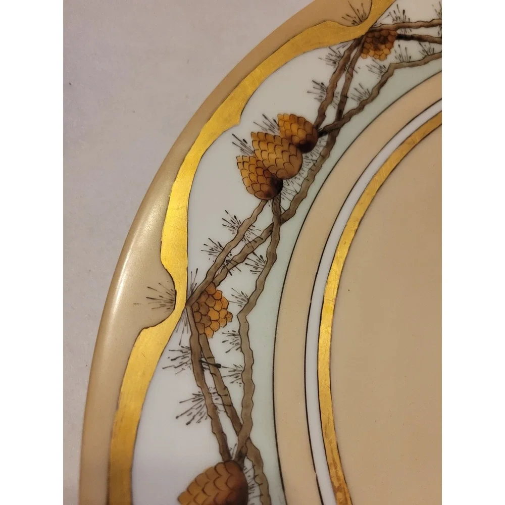 Bavaria‎ Porcelain Plate Vintage Pinecone Gold Gilt Rustic Cabin Decor Tan 15